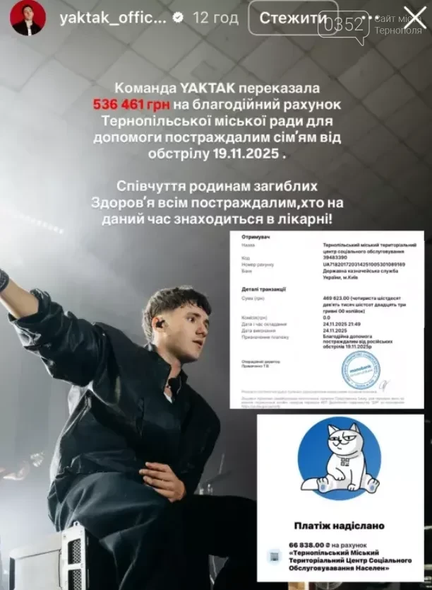 Пів мільйона для Тернополя: YAKTAK спрямував прибуток з концерту на допомогу постраждалим
